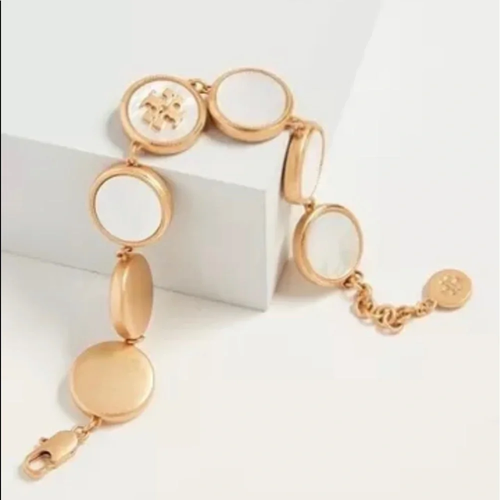 🔥🔥Tory Burch Authentic White Semi Precious Mother Of Pearl Coin Station Bracelet